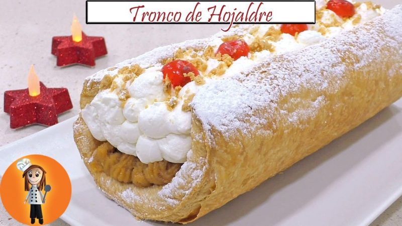 Tronco de hojaldre relleno de crema de turrón y nata