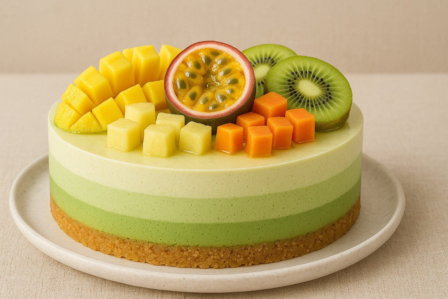 Tarta Mágica de Matcha y Frutas Exóticas con Efecto Ombre (sin horno)